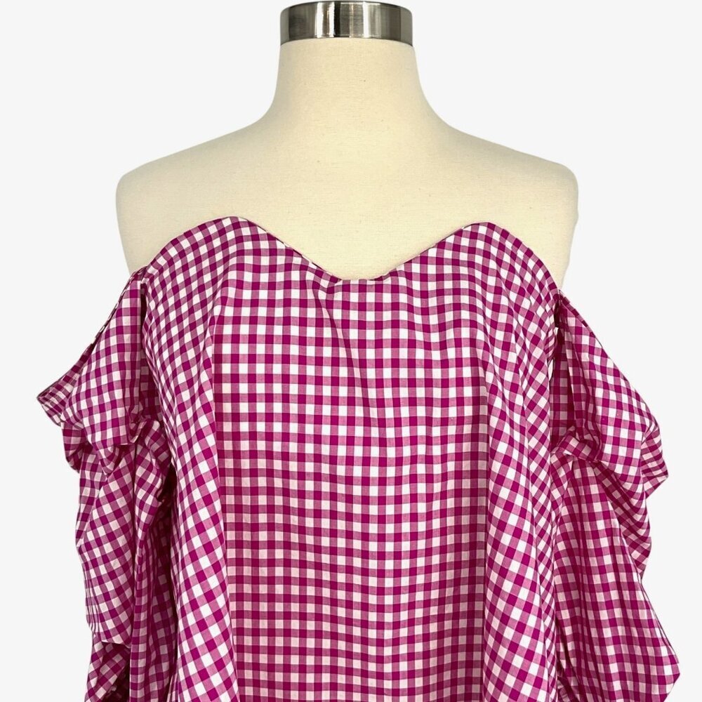 Caroline Constas Pink Gingham Plaid Gabriella Blouse Size XS Off Shoulders - Picture 2 of 11